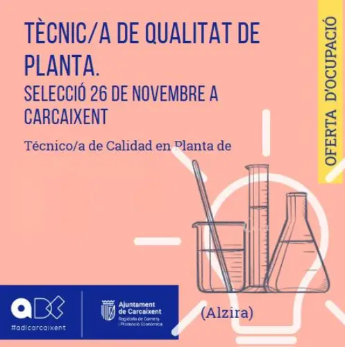 Tècnic/a de Qualitat de Planta (Alzira) . Procés de selecció: 26 de novembre a Carcaixent (Ref.148)