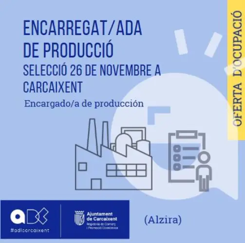 Encarregat/ada de Producció (Alzira) Selecció: 26 de novembre a Carcaixent (Ref.149)