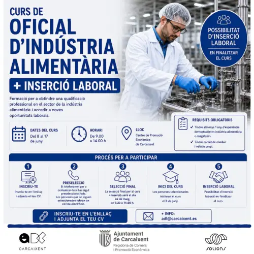 Curs + oferta de treball: Oficial d’indústria alimentària (curs Carcaixent+ Inserció Alzira Solions) (Ref.211)
